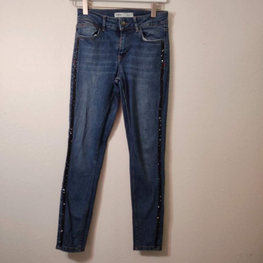 Zara Black Glitter Tuxedo Stripe Skinny Jeans 2